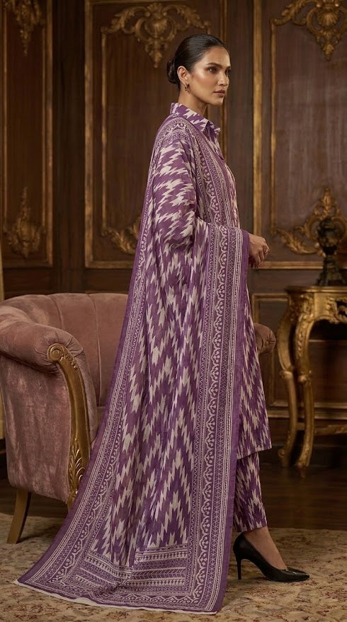 Ghazi Fabric | 3-Piece Grip Suit | Shirt & Trouser with Chiffon Dupatta | Unstitched Crepe Collection