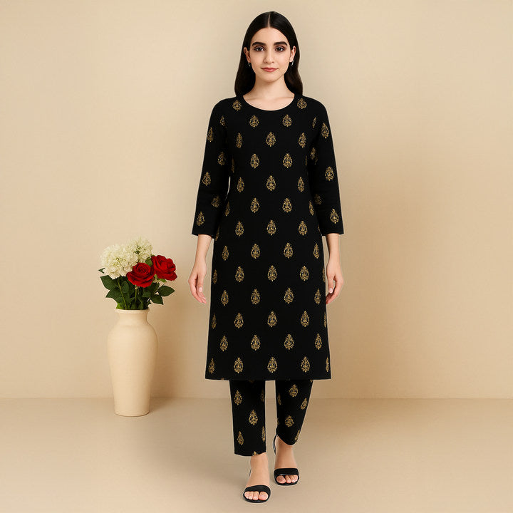 Ghazi fabric Unstitched Linen Shirt black with gold print