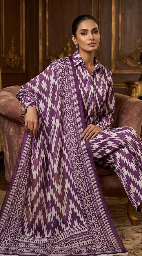 Ghazi Fabric | 3-Piece Grip Suit | Shirt & Trouser with Chiffon Dupatta | Unstitched Crepe Collection