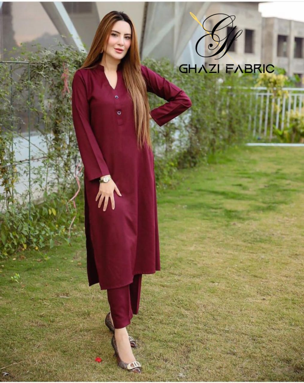 Ghazi fabric Rungrez stitched linen Collection Stitched 2 Piece Linen Maroon Dress
