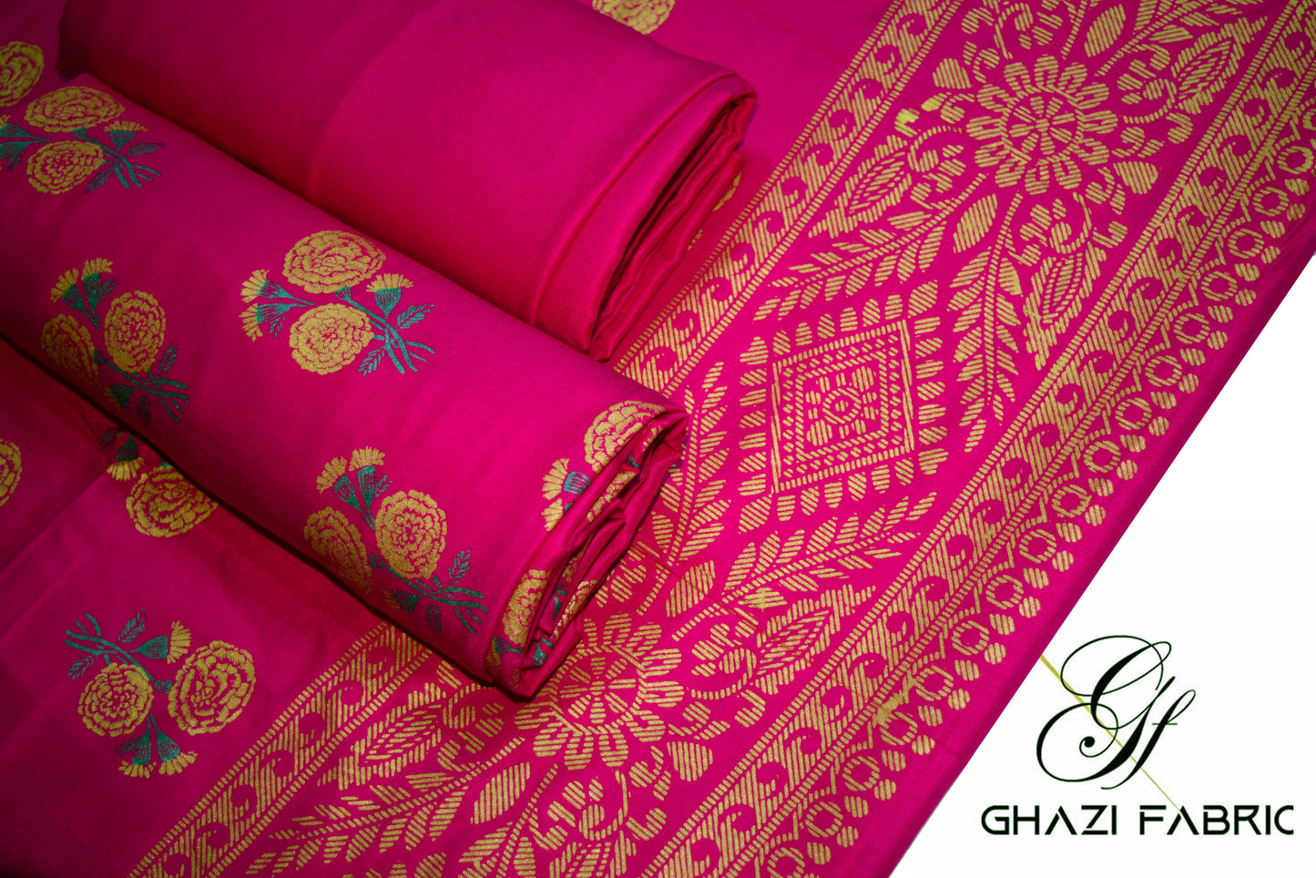: Ghazi Fabric Unstitched Linen 3-Piece Gold Printed Suit for Women - Blush Pink (Shocking Pink), Feroza Series (003227/3)