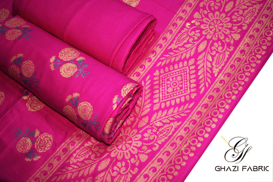 : Ghazi Fabric Unstitched Linen 3-Piece Gold Printed Suit for Women - Blush Pink (Shocking Pink), Feroza Series (003227/3)