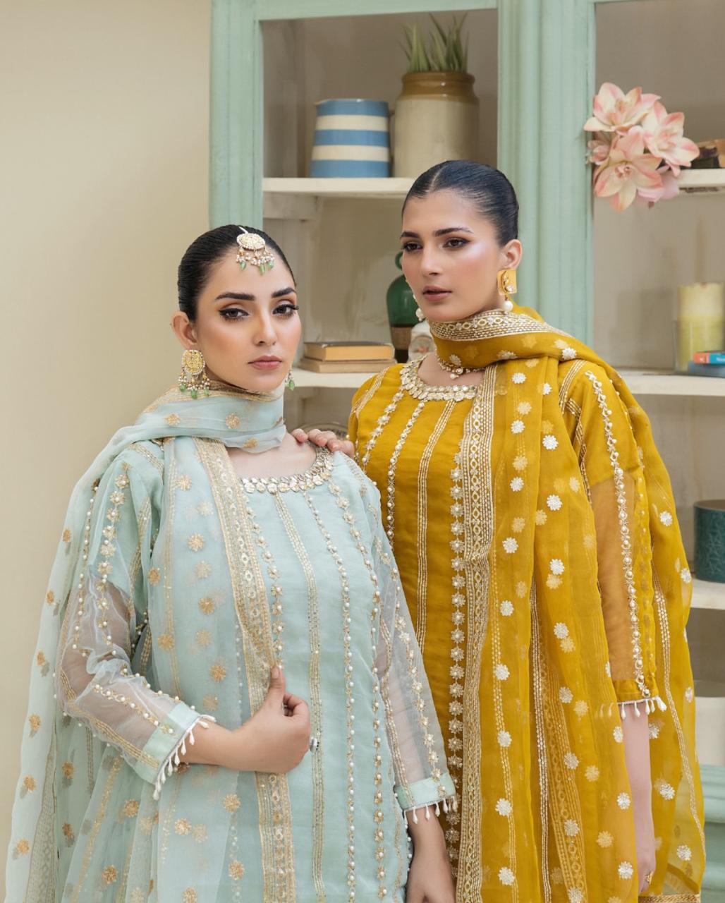 Ghazi Fabric Stitched Ready To Wear Organza Stitched 3Piece With Handmade Peal Work (GO906)