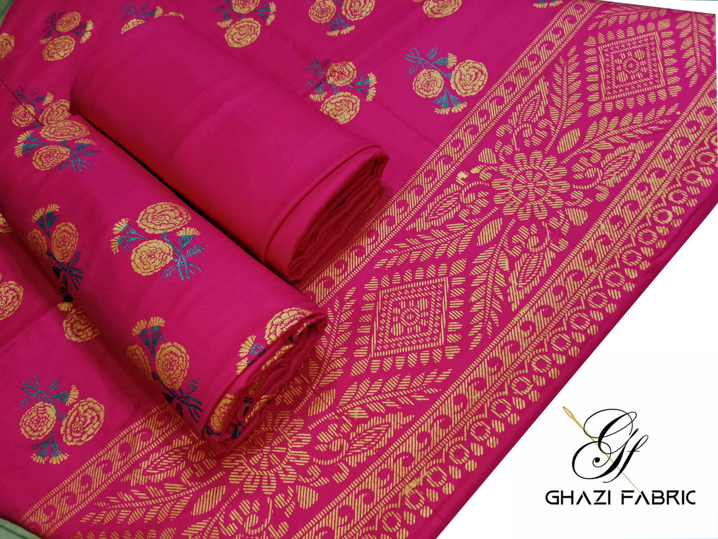 : Ghazi Fabric Unstitched Linen 3-Piece Gold Printed Suit for Women - Blush Pink (Shocking Pink), Feroza Series (003227/3)