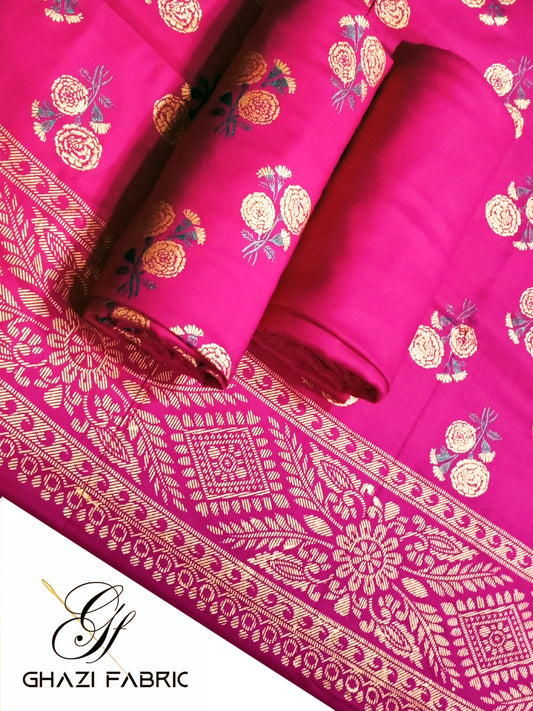 : Ghazi Fabric Unstitched Linen 3-Piece Gold Printed Suit for Women - Blush Pink (Shocking Pink), Feroza Series (003227/3)