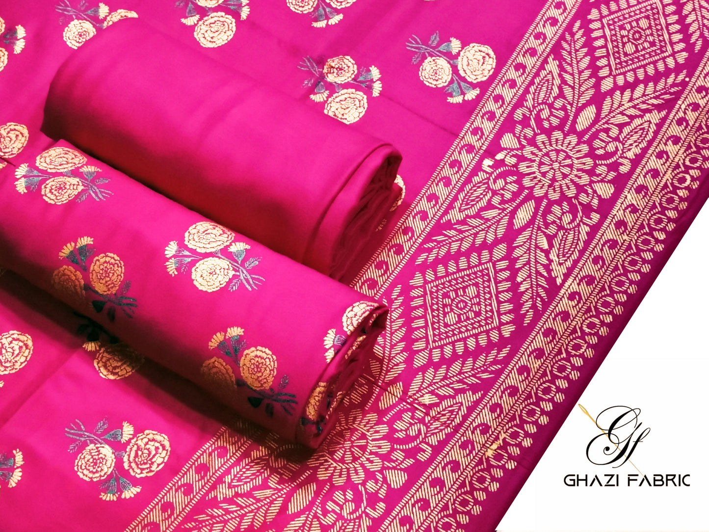 : Ghazi Fabric Unstitched Linen 3-Piece Gold Printed Suit for Women - Blush Pink (Shocking Pink), Feroza Series (003227/3)