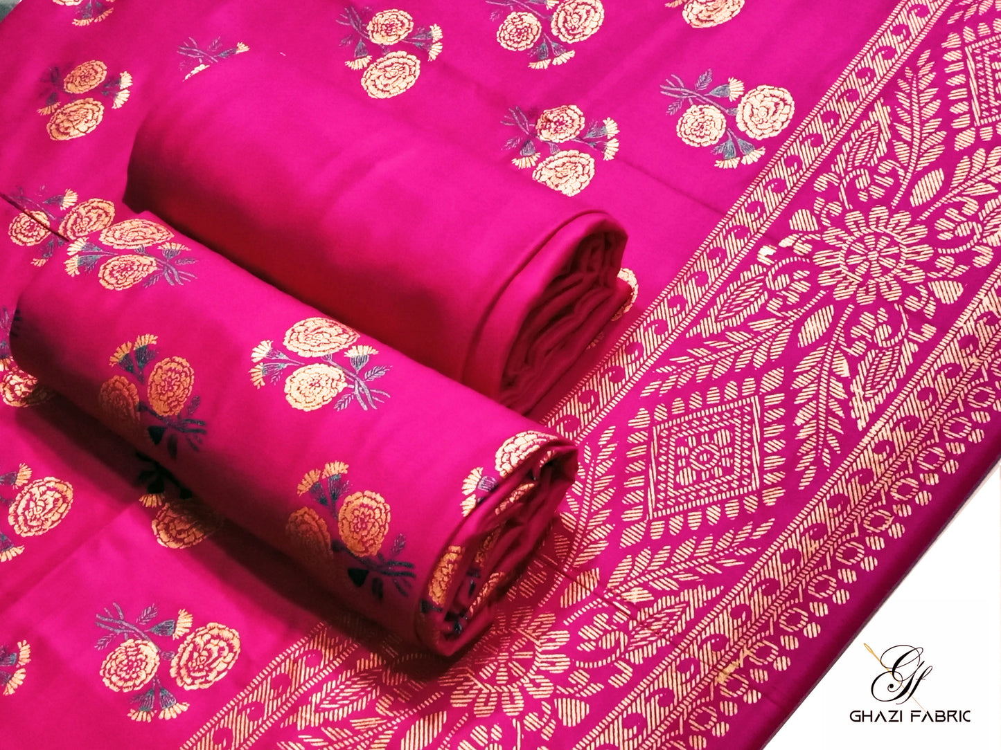 : Ghazi Fabric Unstitched Linen 3-Piece Gold Printed Suit for Women - Blush Pink (Shocking Pink), Feroza Series (003227/3)