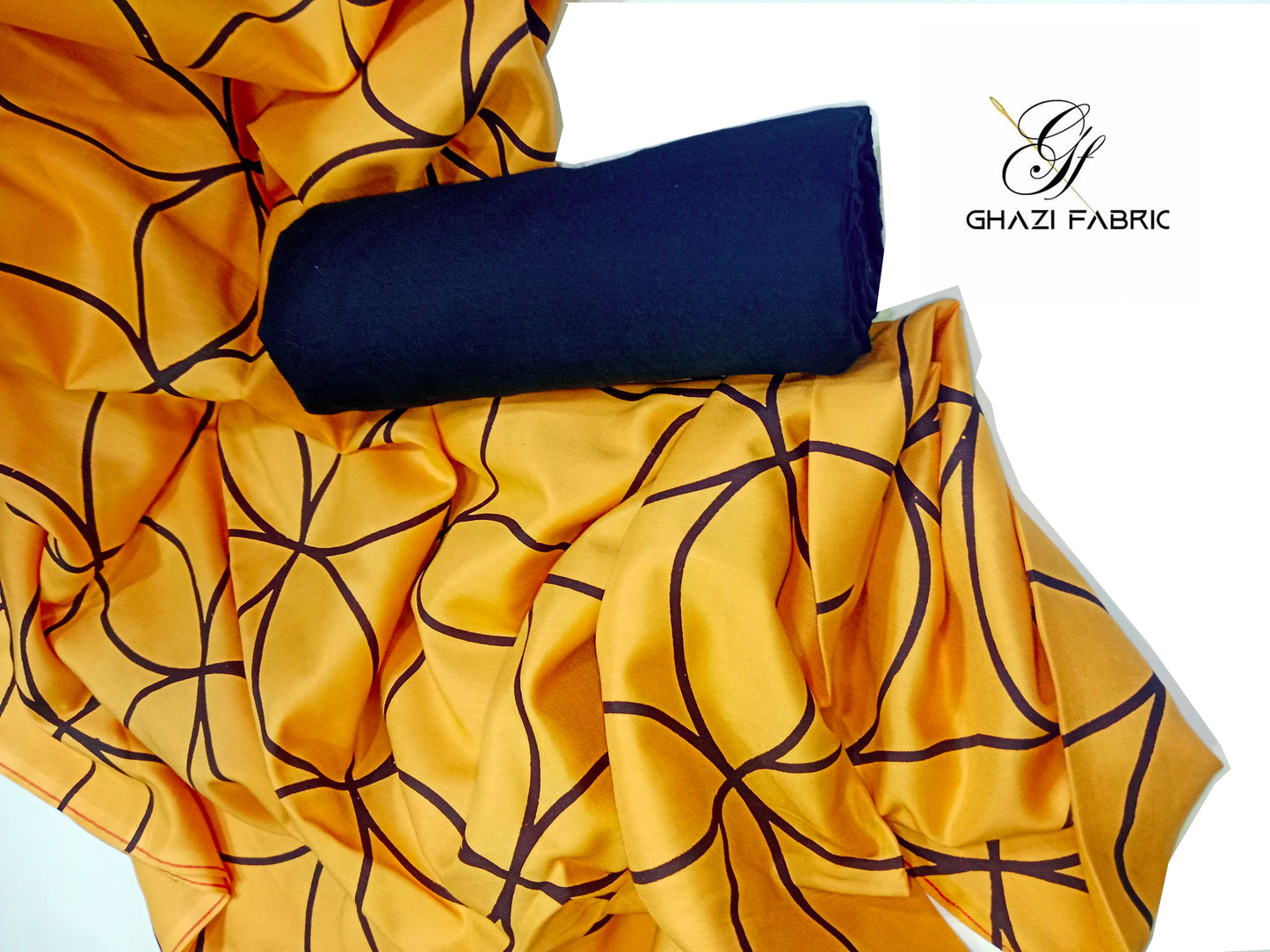 Ghazi fabric Unstitched Linen 2 piece suit for women Feroza series mustard with black trouser(Fz series-00131/8)