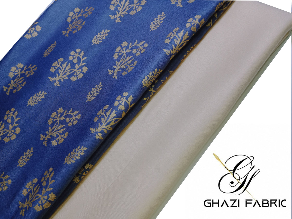 Ghazi fabric Un-stitched Premium Quality Linen Dress Collection Famza Series Unstitch 2 Piece Suit For Women Grey with beige trouser (FM2134-H9)