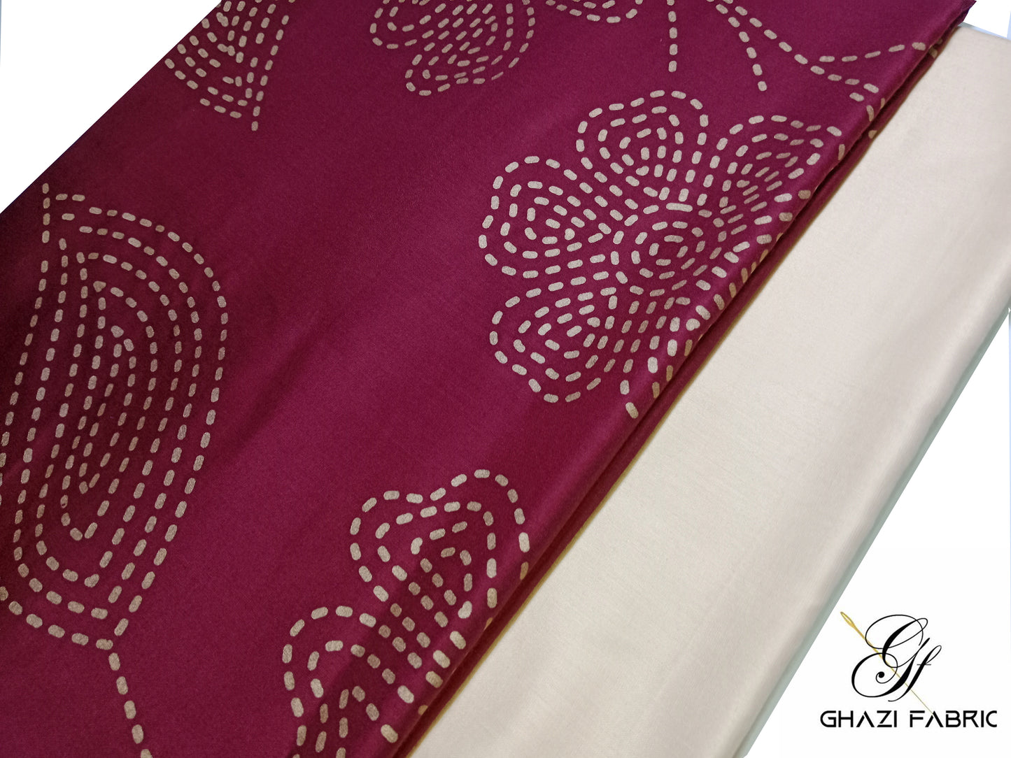 Ghazi fabric Unstitched Linen Dress Collection Famza Series Unstitch 2 Piece Suit For Women maroon with beige trouser (FM4111-H776)