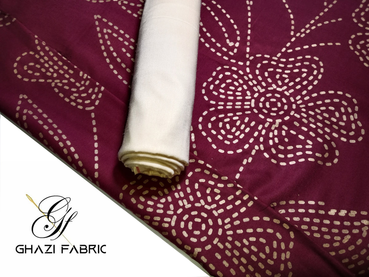 Ghazi fabric Unstitched Linen Dress Collection Famza Series Unstitch 2 Piece Suit For Women maroon with beige trouser (FM4111-H776)