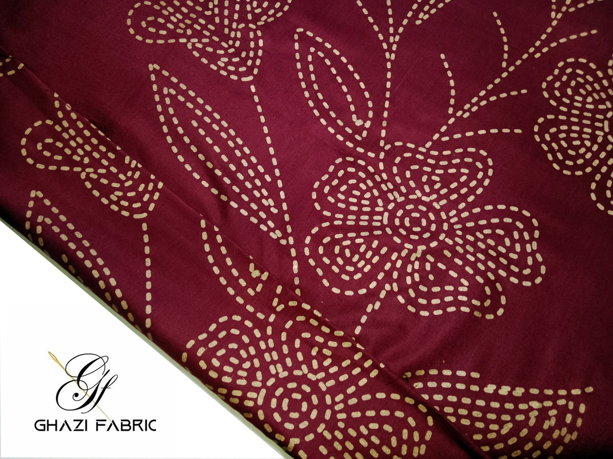 Ghazi fabric Unstitched Linen Dress Collection Famza Series Unstitch 2 Piece Suit For Women maroon with beige trouser (FM4111-H776)
