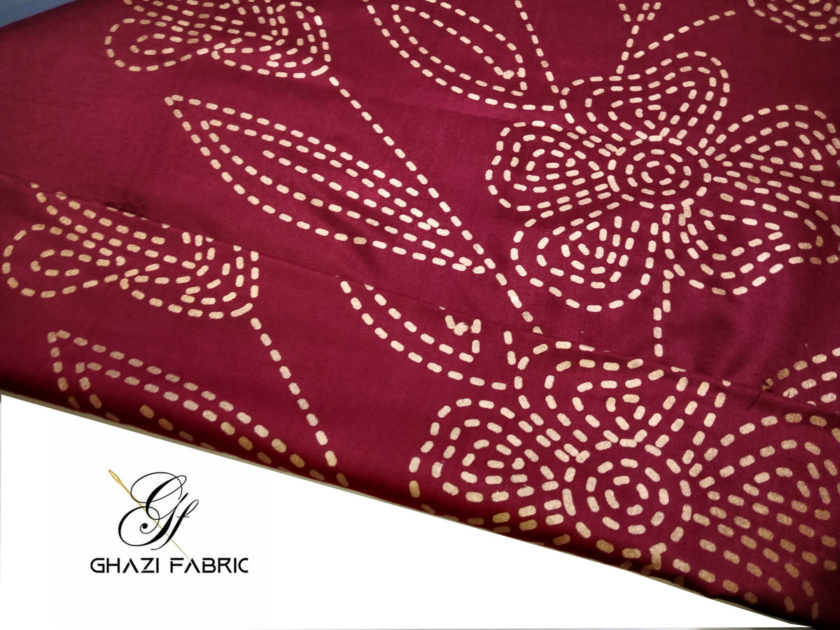 Ghazi fabric Unstitched Linen Dress Collection Famza Series Unstitch 2 Piece Suit For Women maroon with beige trouser (FM4111-H776)