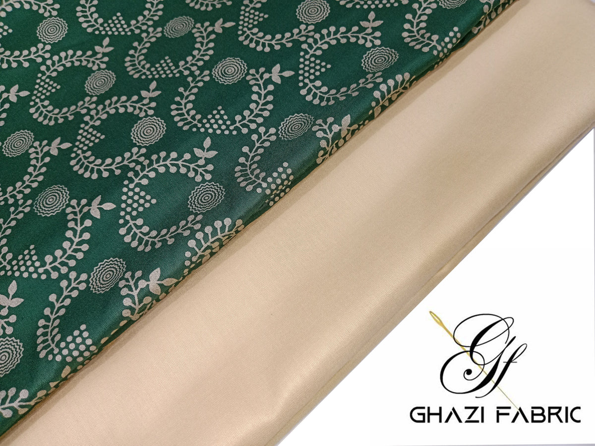Ghazi fabric Un-stitched Premium Quality Linen Dress Collection Famza Series Unstitch 2 Piece Suit For Women Bottle Green with beige trouser (FM9134-H9)