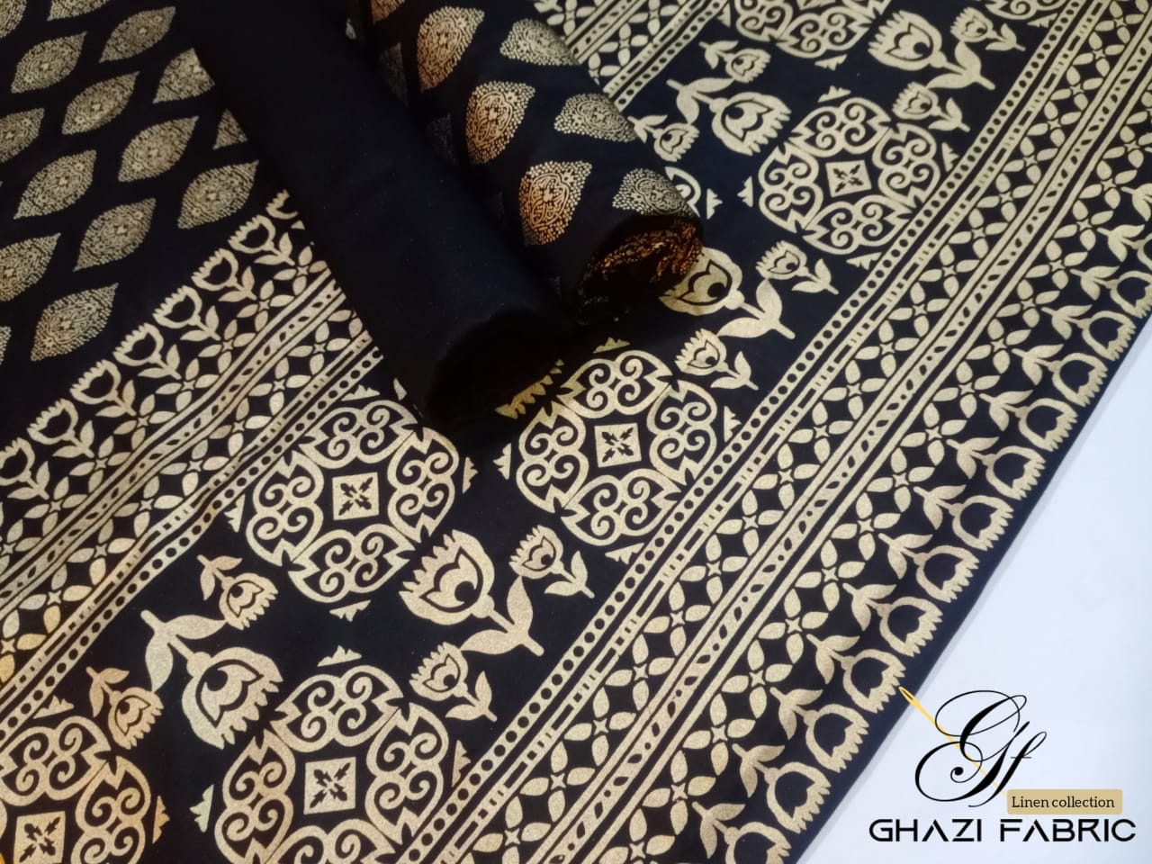 Ghazi Fabric Un-Stitched 3 Piece Suit Or Women New Linen Collection New Looks Prints with Gold Print Black Color