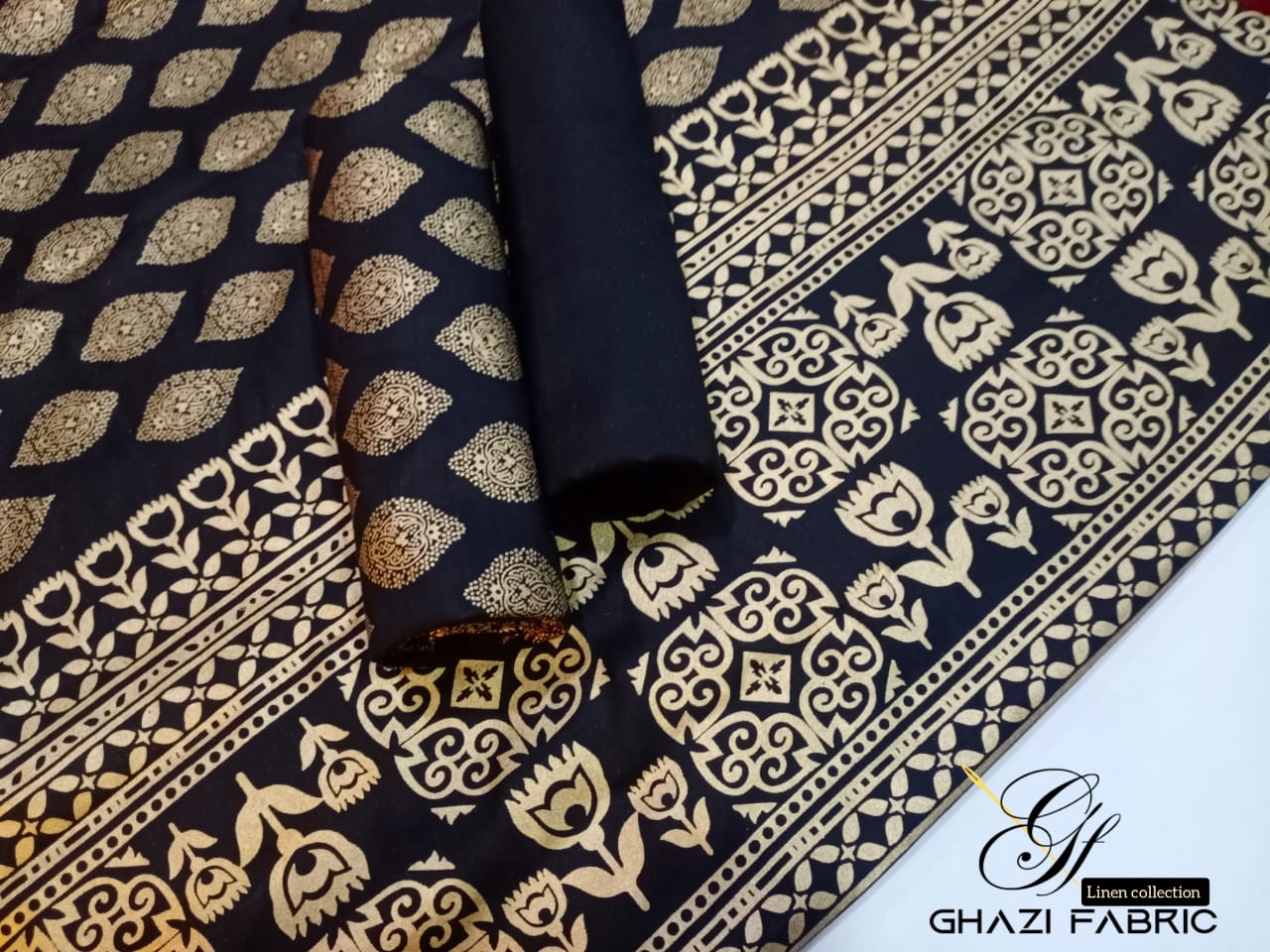 Ghazi Fabric Un-Stitched 3 Piece Suit Or Women New Linen Collection New Looks Prints with Gold Print Black Color
