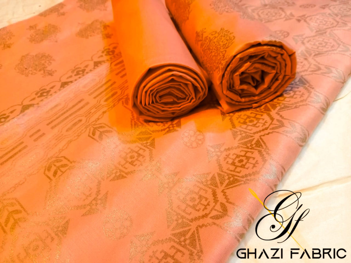 Ghazi fabric Linen Unstitched 3 piece suit for women Elegant Trendy Gold Print Collection