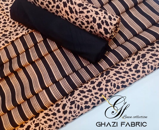 Ghazi Fabric Un-Stitched 3 Piece Suit Or Women New Linen Collection New Looks Prints Peach With Black Contrast Tiger Print  Color