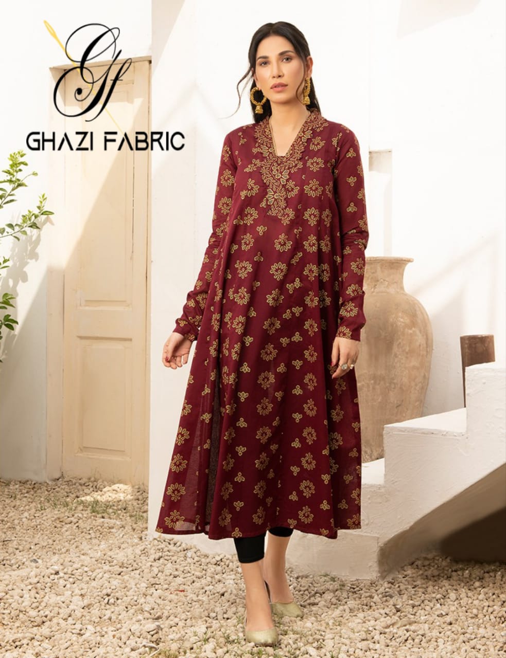 Ghazi fabric Stitched Linen Printed Long Frock Gull-E-Maryam Pret Collection Ready to Wear Maroon(GF4309)
