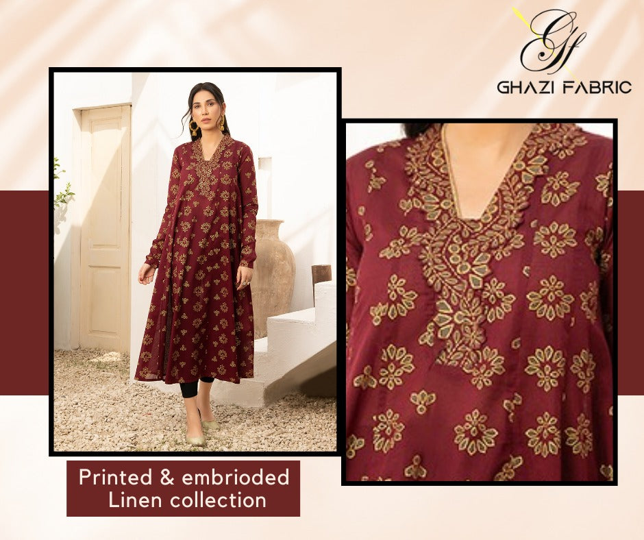 Ghazi fabric Stitched Linen Printed Long Frock Gull-E-Maryam Pret Collection Ready to Wear Maroon(GF4309)