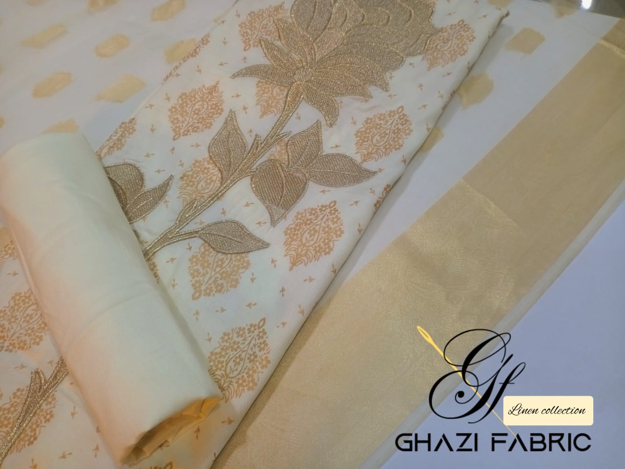 Ghazi fabric Unstitched Linen 3 piece suit for women dress with Embroidered Motif Gull-E-Maryam Collection Cream (GTF123)