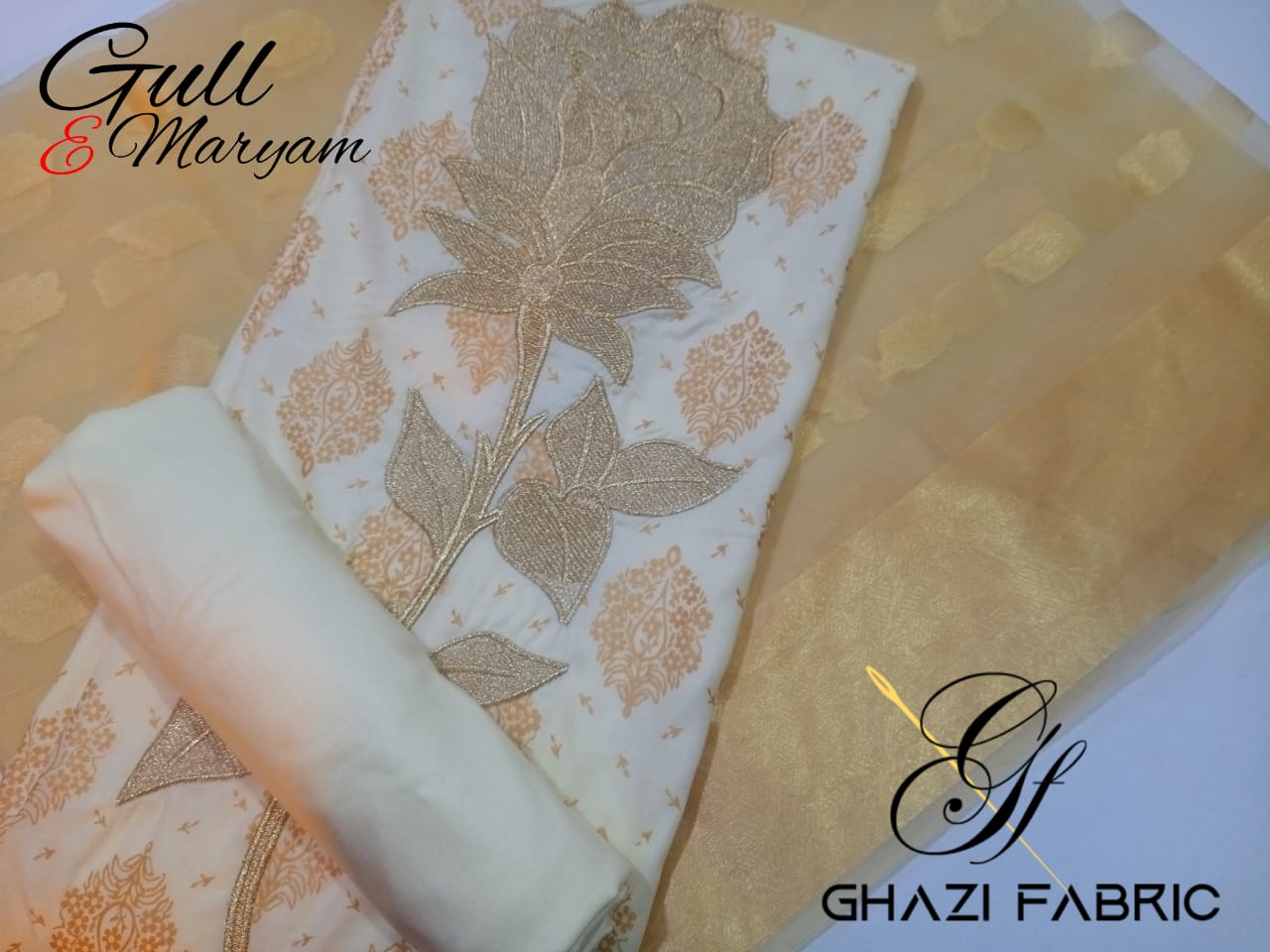 Ghazi fabric Unstitched Linen 3 piece suit for women dress with Embroidered Motif Gull-E-Maryam Collection Cream (GTF123)