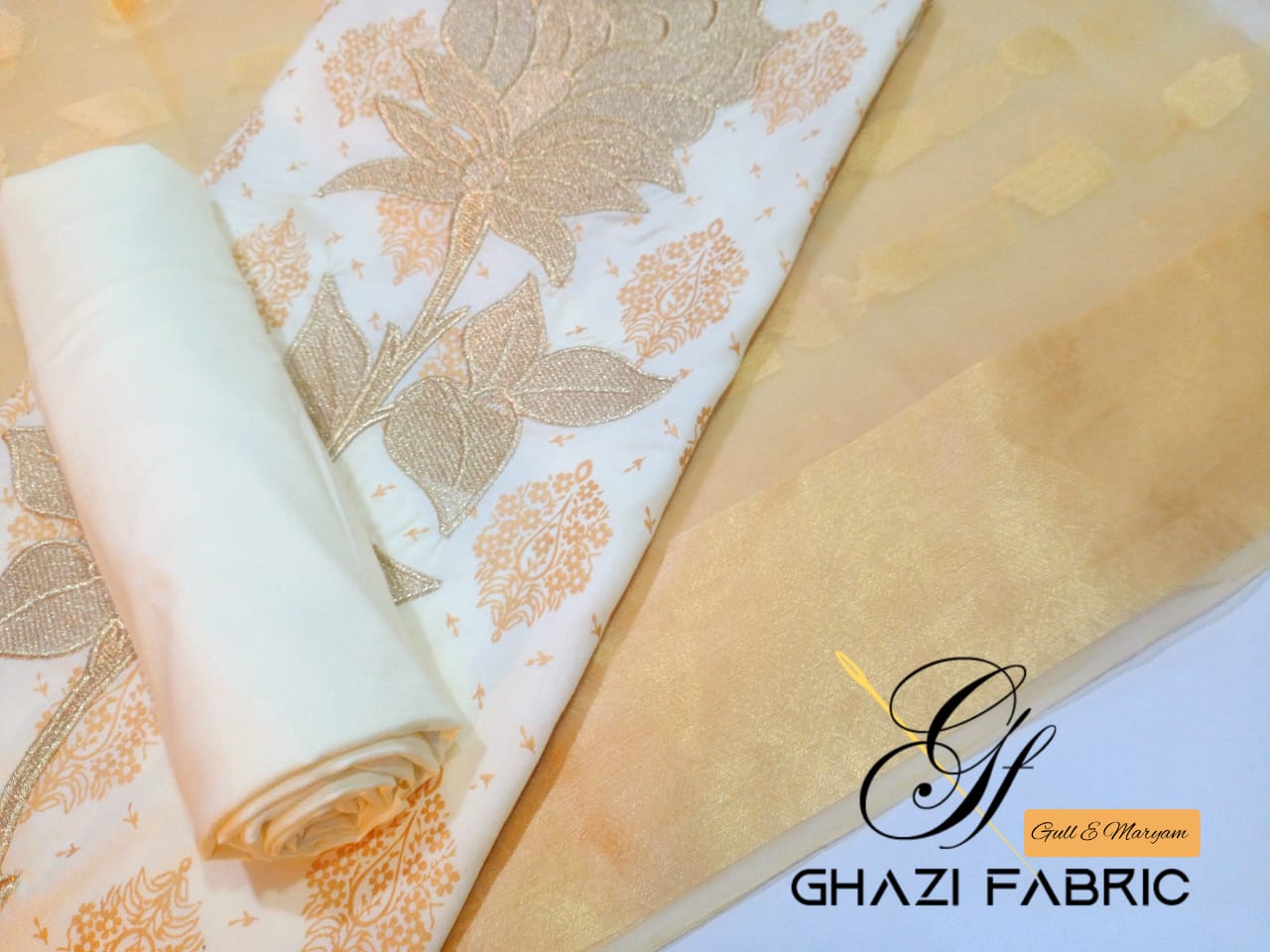 Ghazi fabric Unstitched Linen 3 piece suit for women dress with Embroidered Motif Gull-E-Maryam Collection Cream (GTF123)
