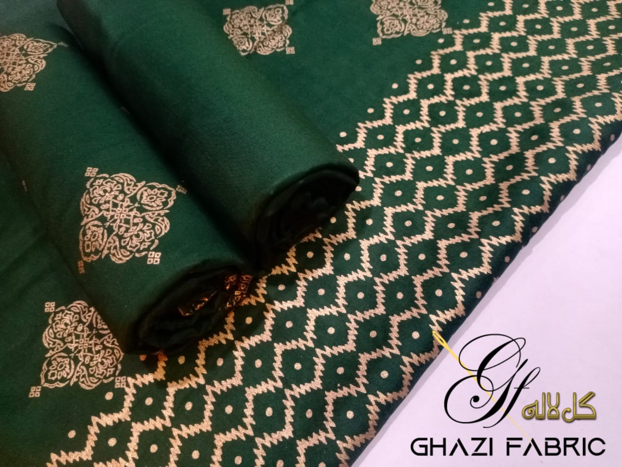 Ghazi fabric Unstitched Linen Gold Print 3 piece suit for women Bottle Green (GTF1359)