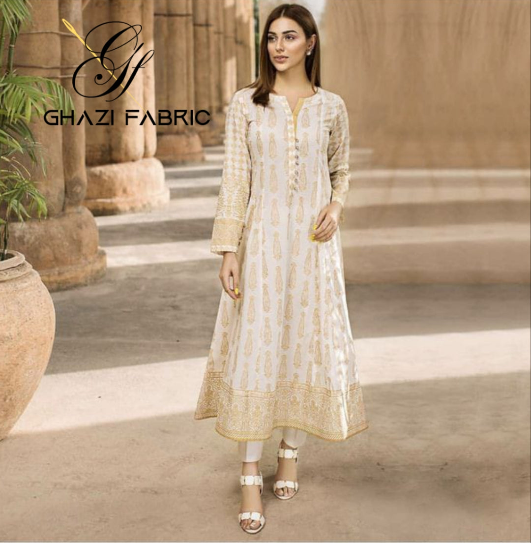 Ghazi fabric Rungrez Collection Stitched 1 Piece Long Frock For Women Linen Off-White Long Frock Ready To Wear Linen Collection
