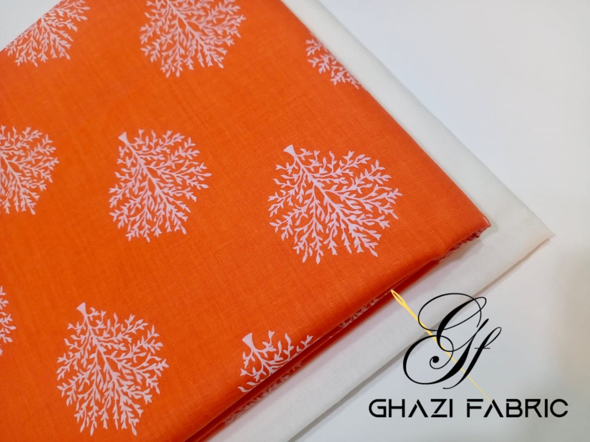 Ghazi fabric Rungrez Collection Unstitched 2 piece suit for women Lawn Orange Shirt With White Trouser