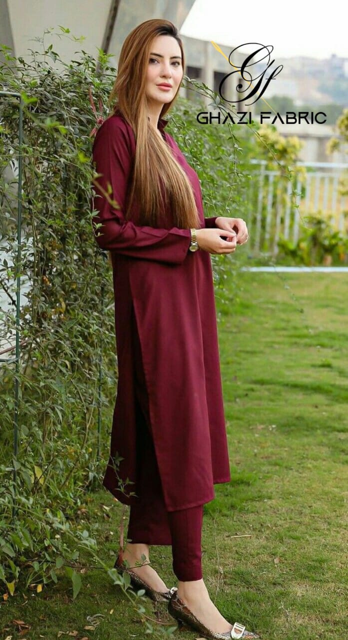 Ghazi fabric Rungrez stitch Collection Stitched 2 Piece Linen Maroon Dress soft Elegant Fabric ready to wear collection