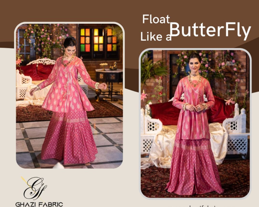 Ghazi fabric Ready To Wear Women's Ethnic Wear Designer Stitched Shalwar Kameez Sharara Style Suite For Women Tea Pink (GTS5129)