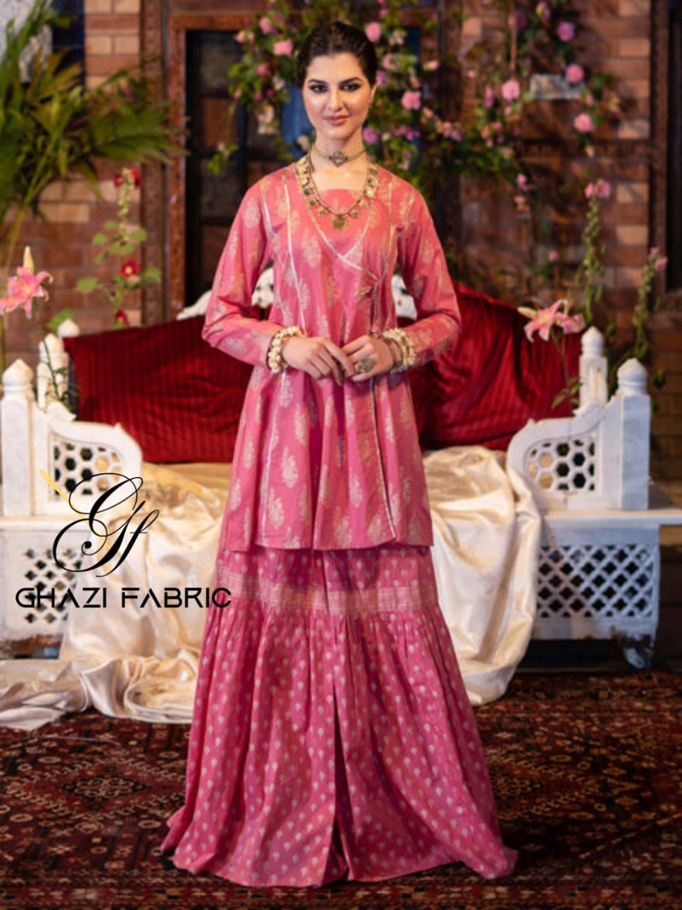 Ghazi fabric Ready To Wear Women's Ethnic Wear Designer Stitched Shalwar Kameez Sharara Style Suite For Women Tea Pink (GTS5129)