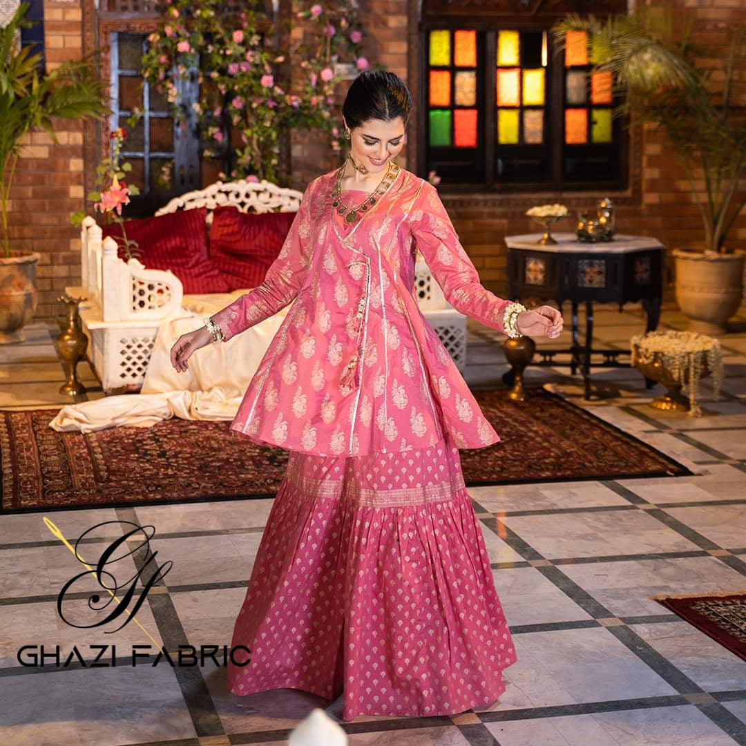 Ghazi fabric Ready To Wear Women's Ethnic Wear Designer Stitched Shalwar Kameez Sharara Style Suite For Women Tea Pink (GTS5129)