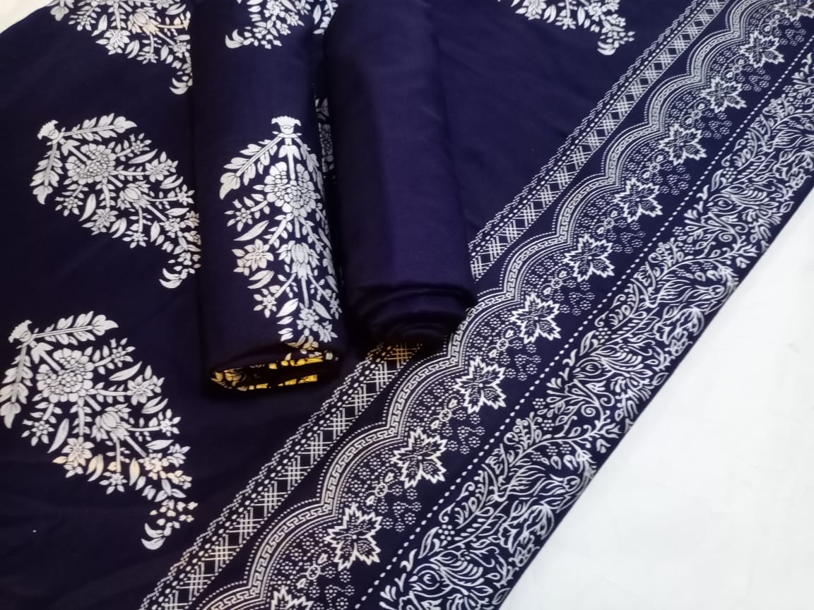 Ghazi Fabric Un-Stitched 3 Piece Suit Or Women New Linen Collection New Looks Prints  Navylue With Silver print Color