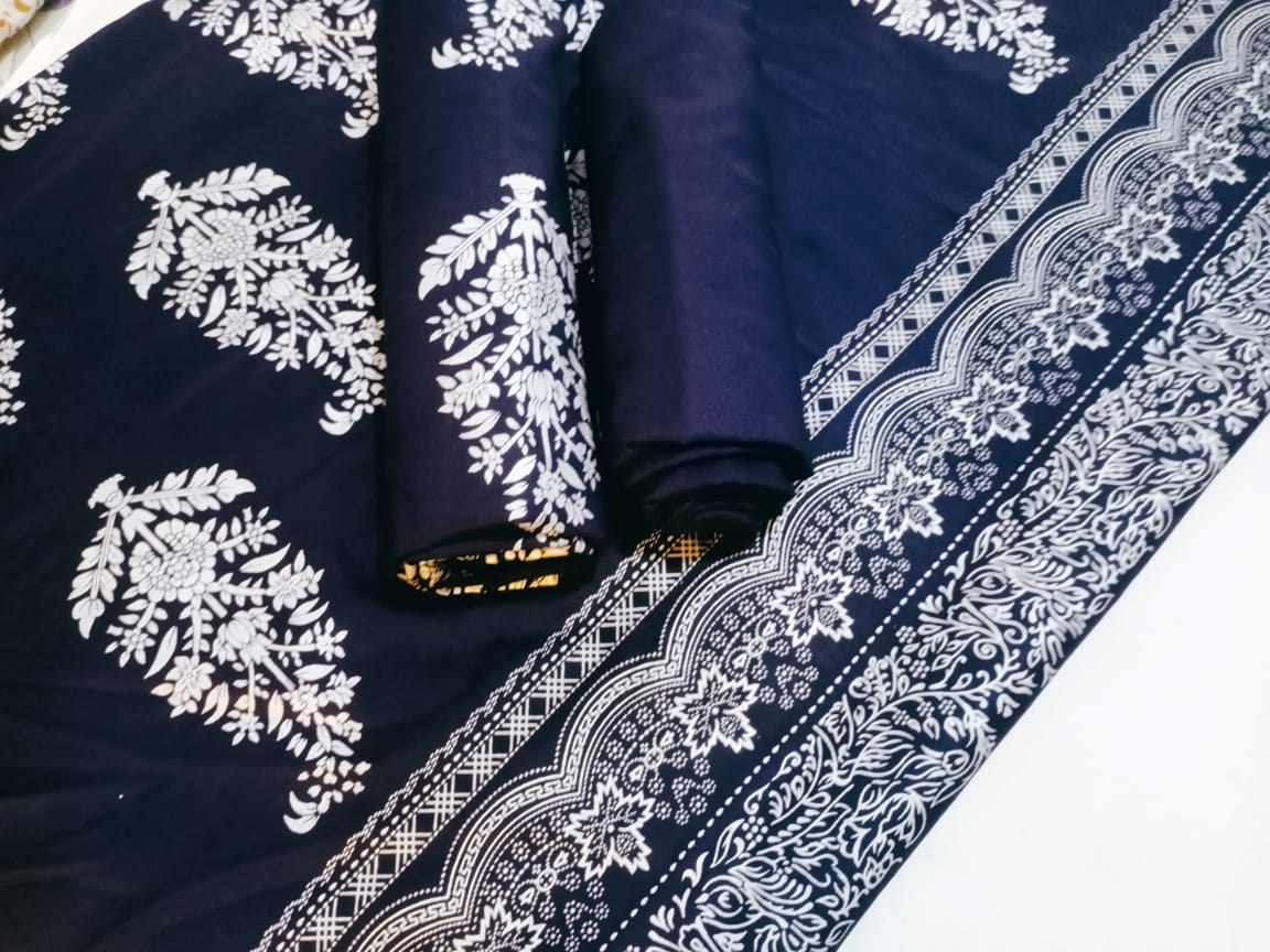 Ghazi Fabric Un-Stitched 3 Piece Suit Or Women New Linen Collection New Looks Prints Navylue With Silver print Color