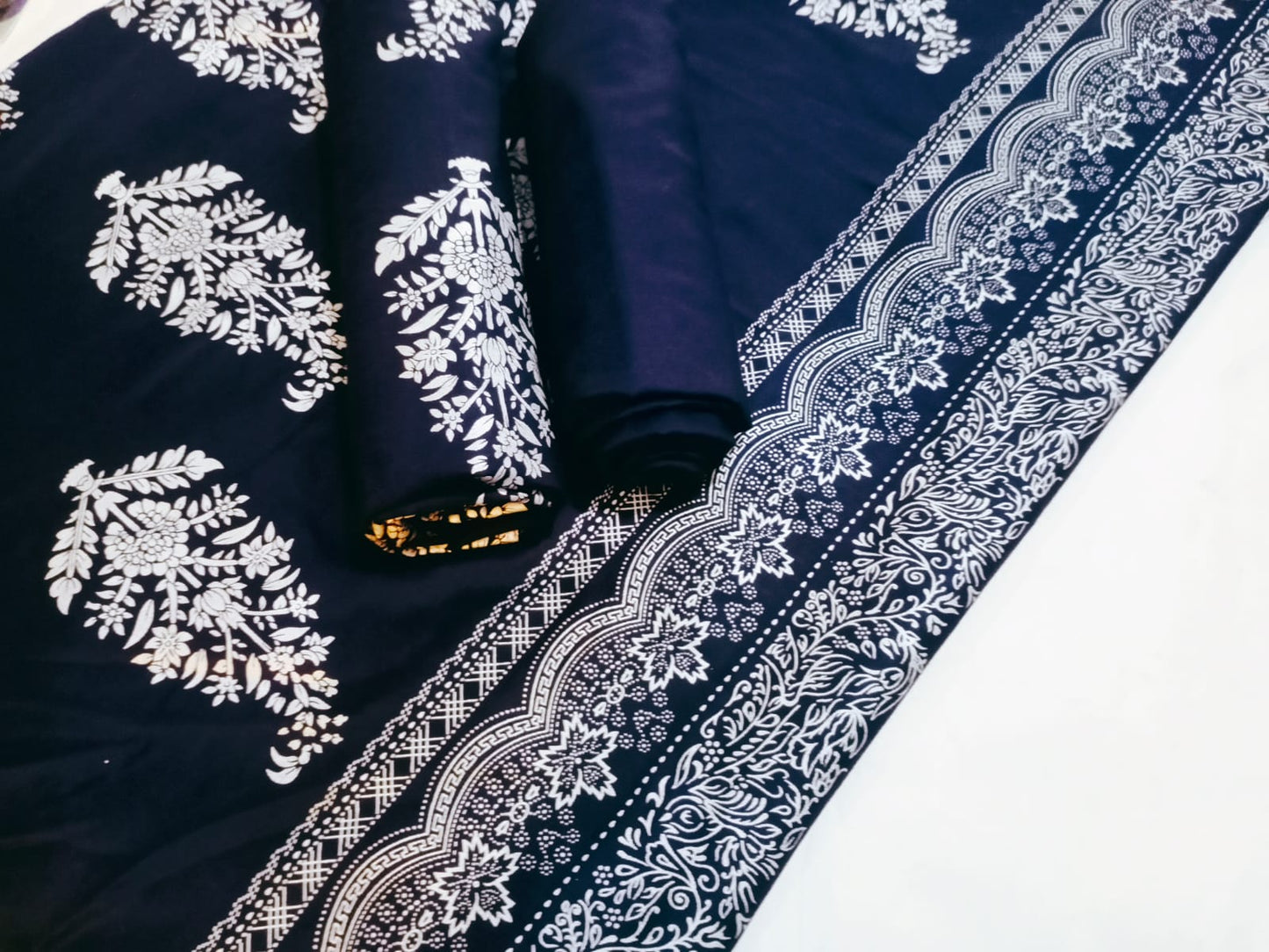 Ghazi Fabric Un-Stitched 3 Piece Suit Or Women New Linen Collection New Looks Prints Navylue With Silver print Color