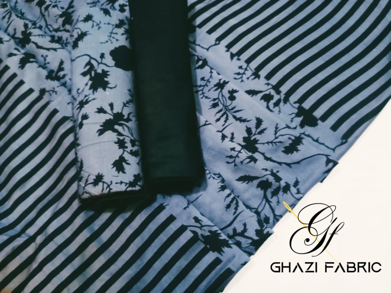 Ghazi Fabric Un-Stitched 3 Piece Suit Or Women New Linen Collection New Looks Prints  Grey With Black Color