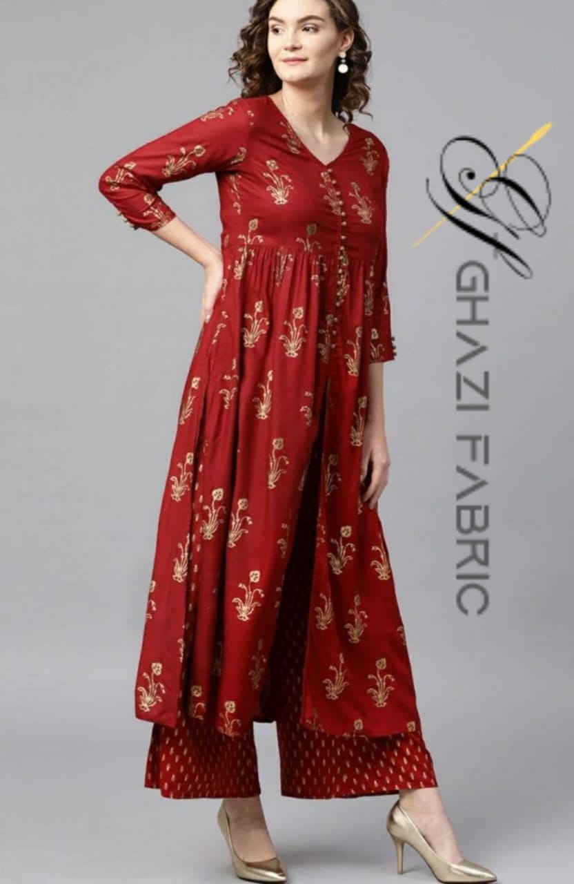Ghazi fabric unstitch  printed Linen 2piece for women maroon color 657/88