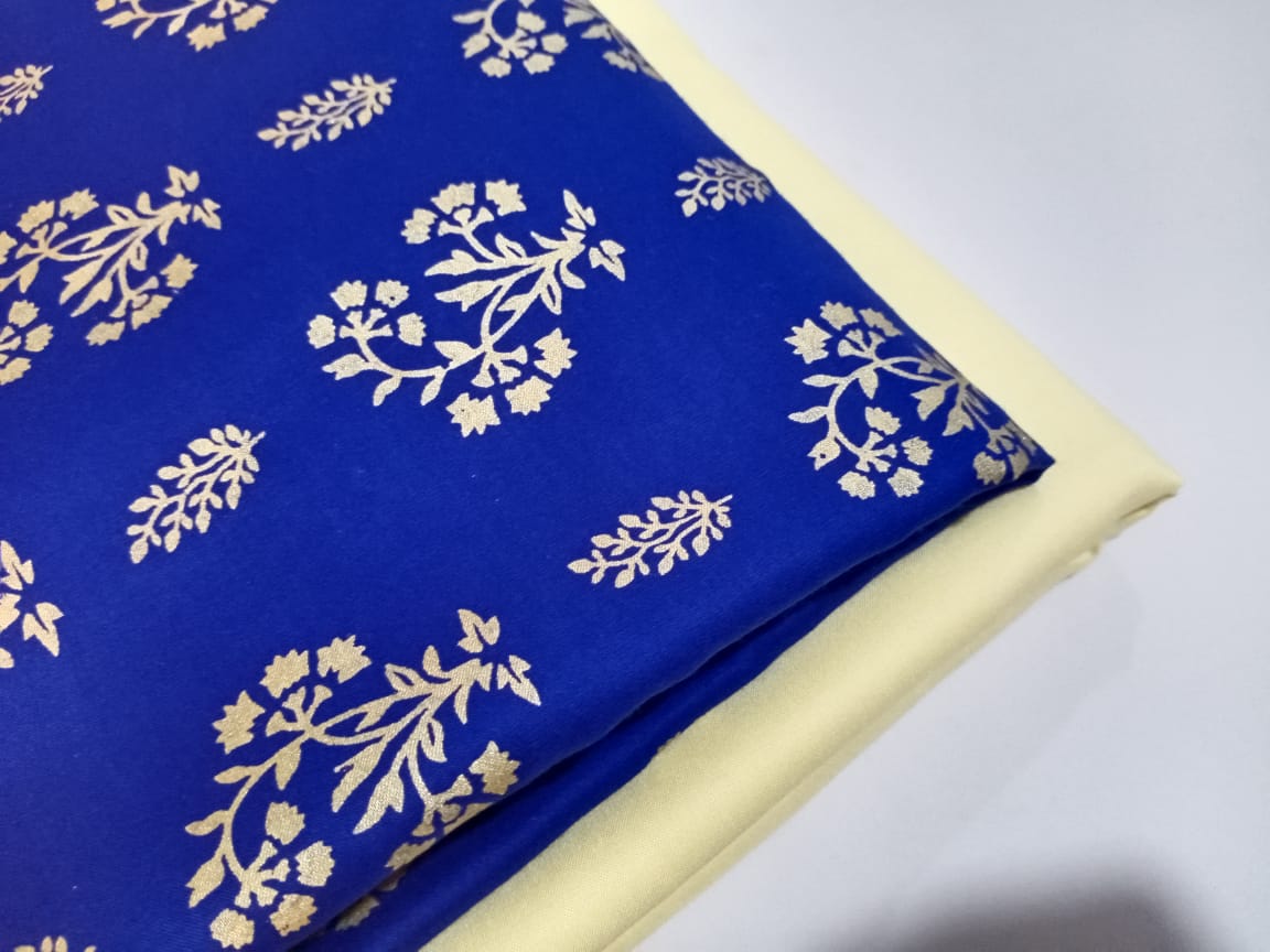 Ghazi fabric Unstitched Gull - E- Marjaan Linen collection Silver Printed Dress 2 piece for women Royal blue with Cream Trouser GMF5724-23/2413