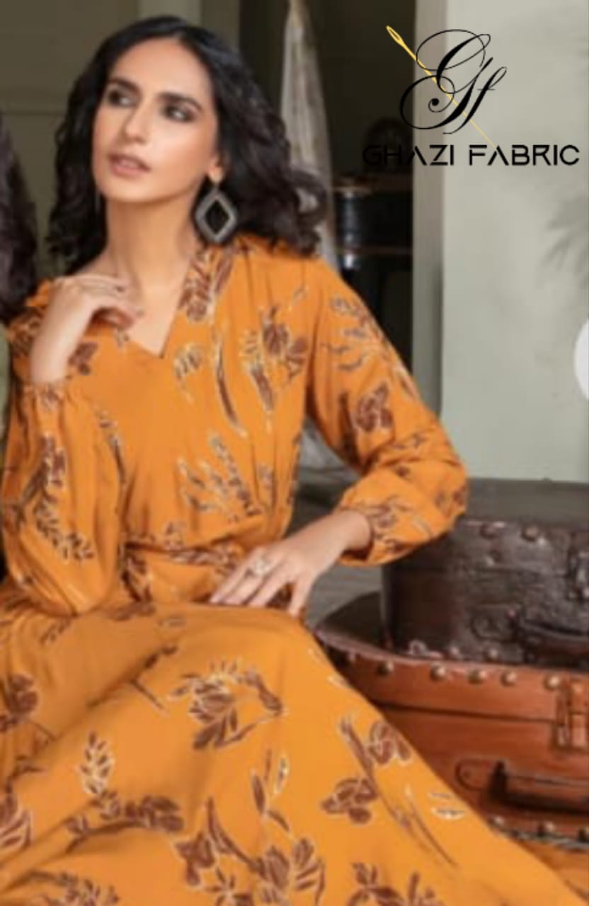 Ghazi fabric unstitch  printed Linen 2piece For Women Light golden mustard