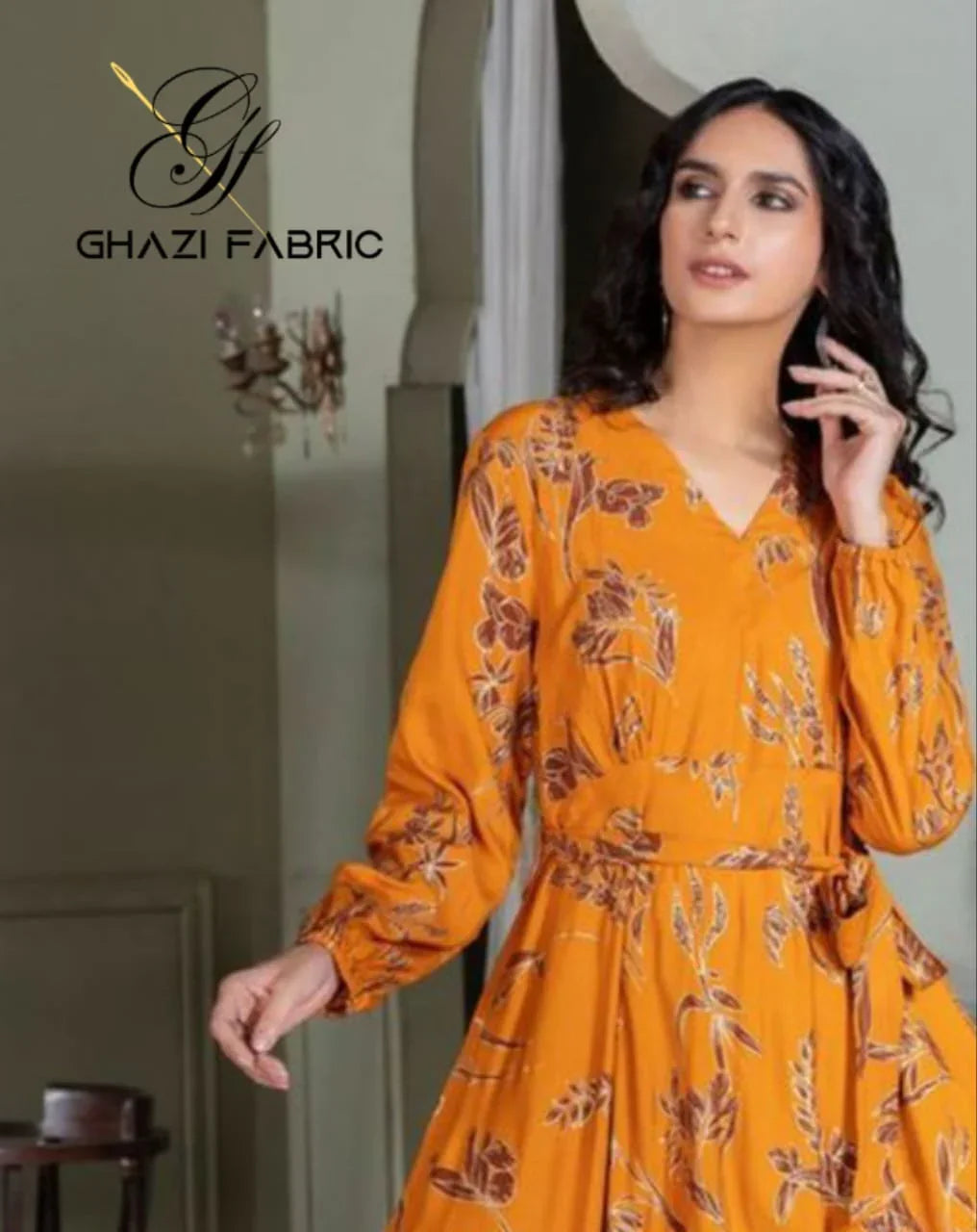 Ghazi fabric unstitch printed Linen 2piece For Women Light golden mustard