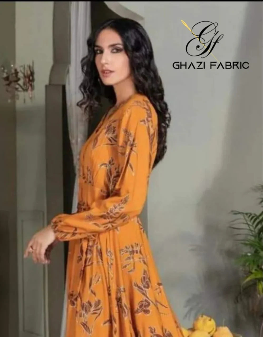 Ghazi fabric unstitch printed Linen 2piece For Women Light golden mustard
