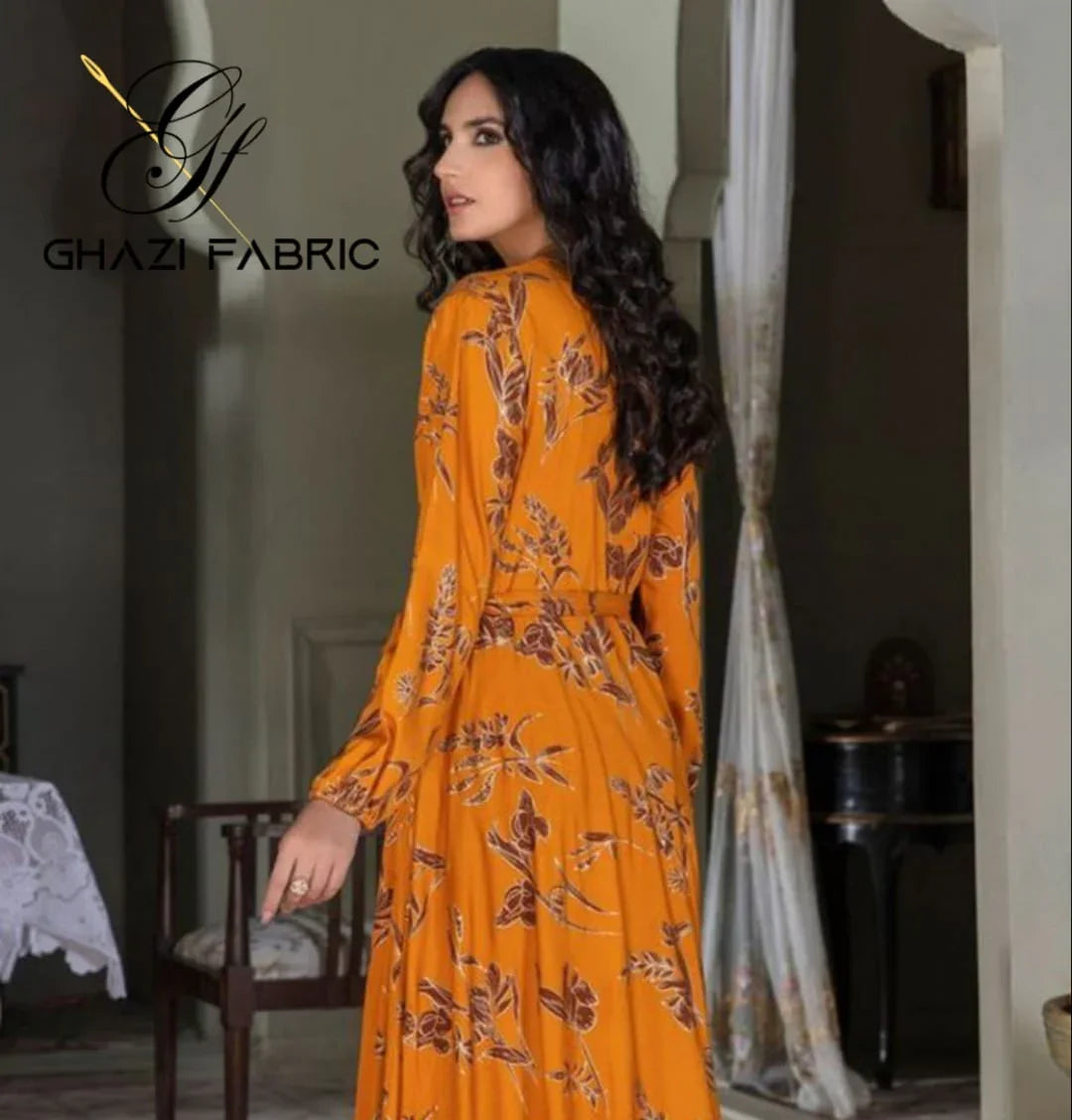 Ghazi fabric unstitch printed Linen 2piece For Women Light golden mustard