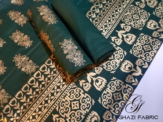 Ghazi Fabric Un-Stitched 3 Piece Suit Or Women New Linen Collection New Looks Prints Bottle Green Color