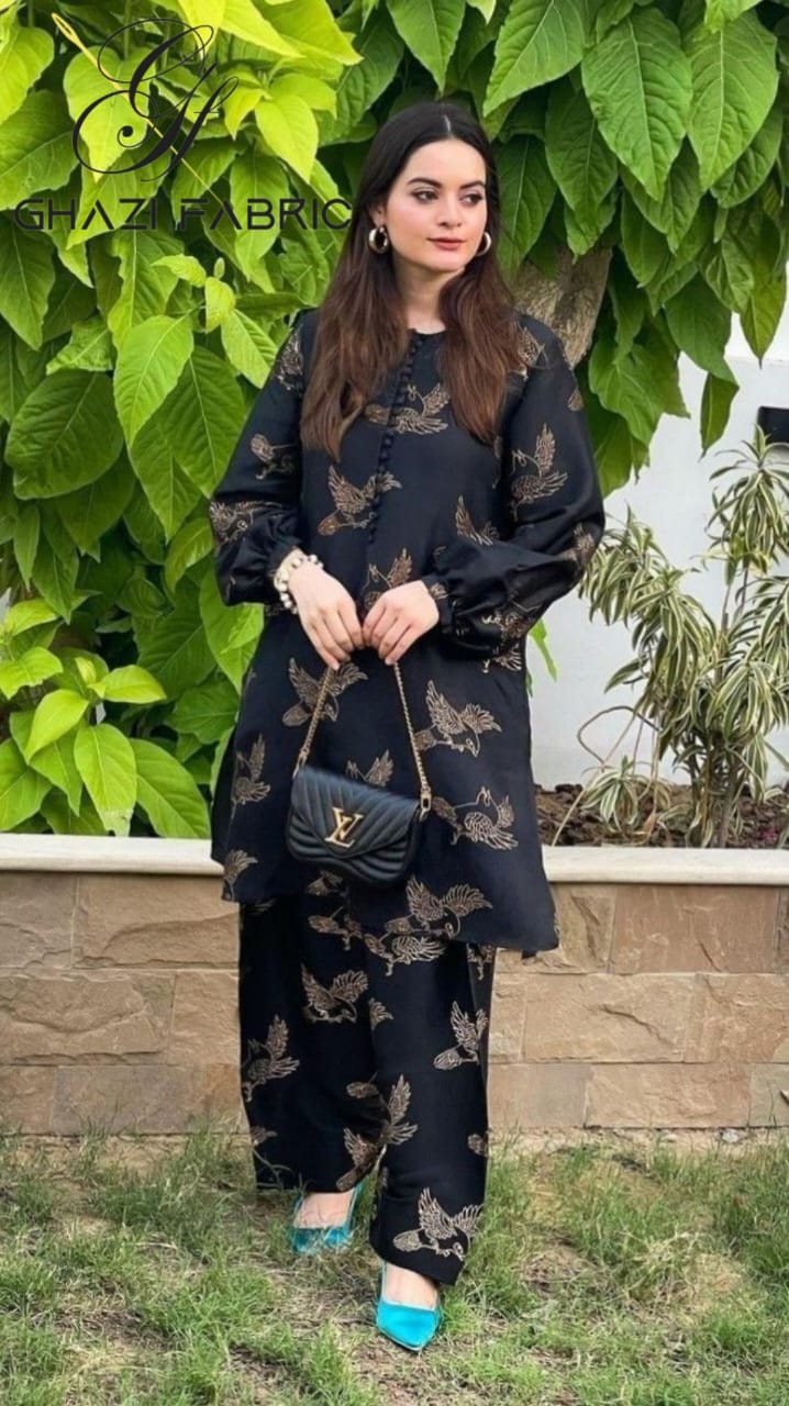 Ghazi fabric Unstitched Gull - E- Marjaan Linen print collection Dress 2 piece for women black GMF6725-23/5415