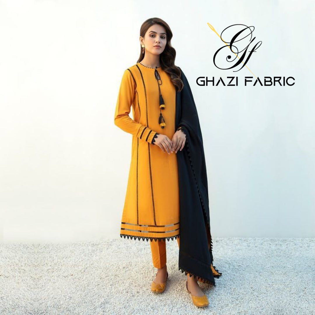 Ghazi fabric Linen Collection Rungrez Stitched 2 Piece mustard Linen Long Shirt with Trouser