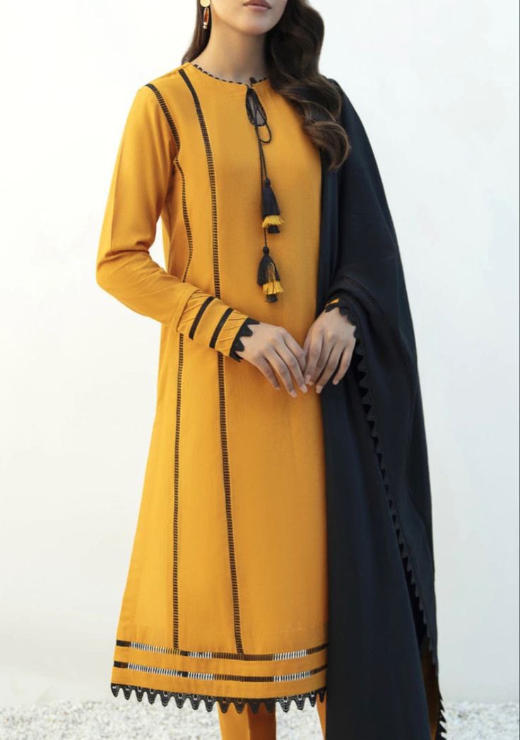 Ghazi fabric Linen Collection Rungrez Stitched 2 Piece mustard Linen Long Shirt with Trouser
