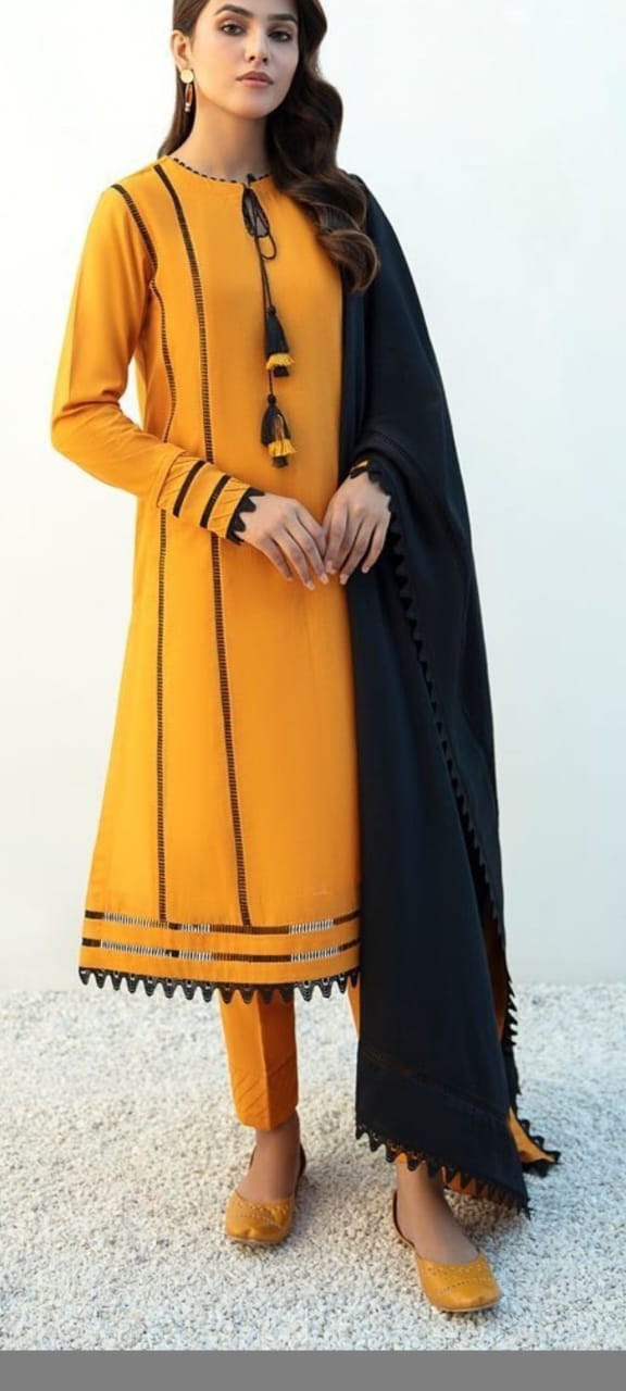 Ghazi fabric Linen Collection Rungrez Stitched 2 Piece mustard Linen Long Shirt with Trouser