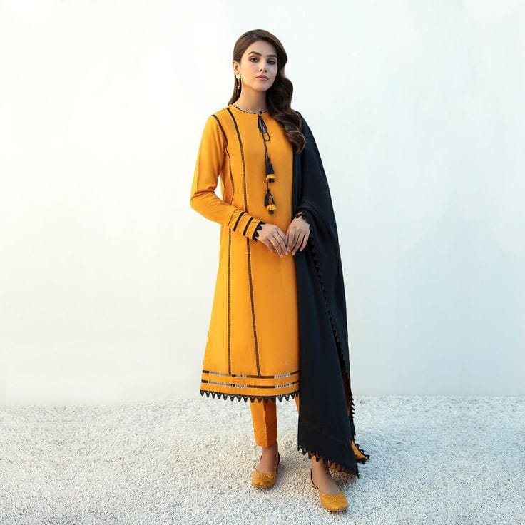 Ghazi fabric Linen Collection Rungrez Stitched 2 Piece mustard Linen Long Shirt with Trouser